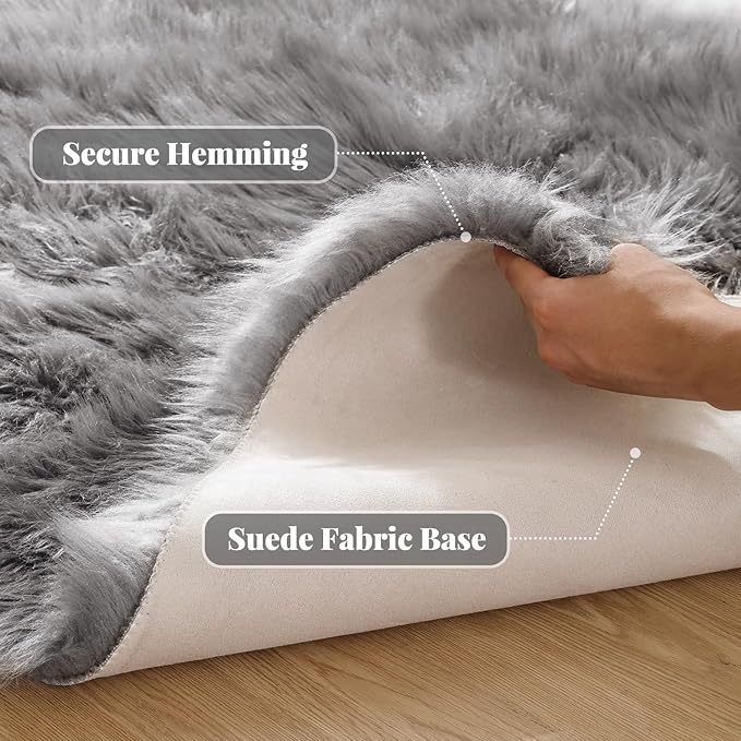 ORINOVA Round Rugs 6ft Silver Grey Fuzzy Faux Sheepskin Washable Furry Fur Area Rugs for Bedroom Large Boho Circle Nursery Rug