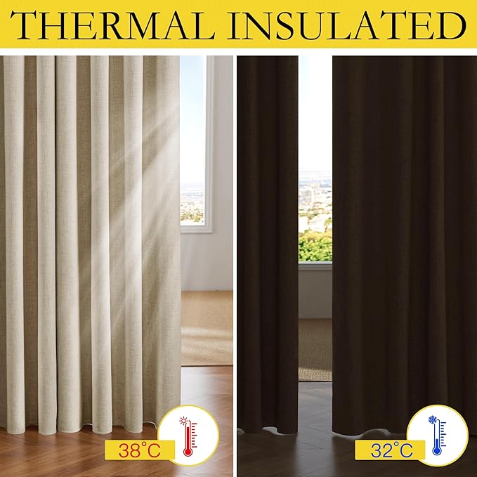 NICETOWN Farmhouse Style 100% Blackout Cream Linen Curtains 90 inches Length, 2 Panels, 52" W, Room Cooling Window Draperies with Thermal Insulated Liners for Dining Room