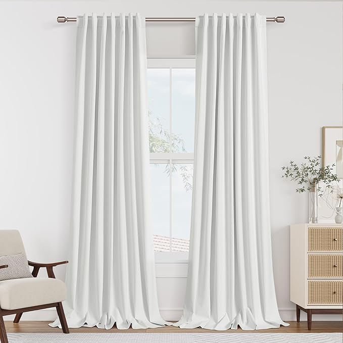 Guken White 100% Blackout Linen Curtains 52 Inch Wide by 136 Inch for Living Room Bedroom Back Tab Thermal Insulated Black Out Linen 2 Drapes Room Darkening Window Curtains
