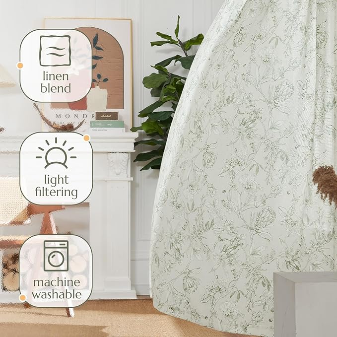 jinchan Floral Curtains 84 Inches Long Sage Green Flower Linen Farmhouse Curtain for Living Room French Country Vintage Curtain Rod Pocket Curtains Set 2 Panels Floral Printed