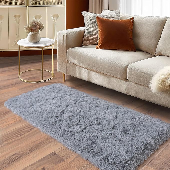 Soft Runner Rugs for Bedroom Hallways, 2 Packs 2x4 Grey Fluffy Shag Throw Area Rug Non Slip for Bedside Dorm, Long Shaggy Furry Carpet for Nursery Living Room