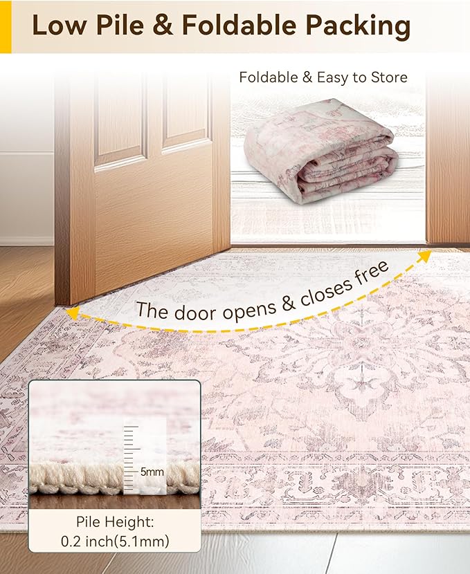 RELEANY Area Rugs 7'x9' Washable Non-Slip, Floral Vintage Distress Print Pattern Medallion Carpet for Living Room Bedroom Dining Room, Pink Greypink Cute
