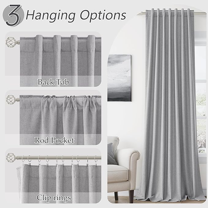 Guken Grey 100% Blackout Curtains 72 Inch Length 2 Panels Set for Living Room Bedroom Back Tab Thermal Insulated Black Out Linen Drapes Room Darkening Window Curtains 72 Inches Long