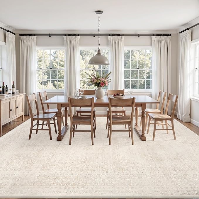 8x10 Area Rugs for Living Room: Vintage Boho Neutral Washable Rug Indoor Soft Large Area Rug Carpet for Bedroom Nursery Farmhouse Dining Room Office Floor Non-Slip Low Pile Under Table Rug Beige