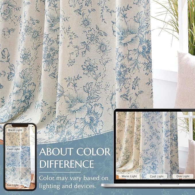 jinchan Blackout Floral Curtains for Living Room Bedroom Linen Blend Curtain Farmhouse Blue Printed with Lined Back Tab Rod Pocket Drapes Window Treatments 2 Panels 84 Inch