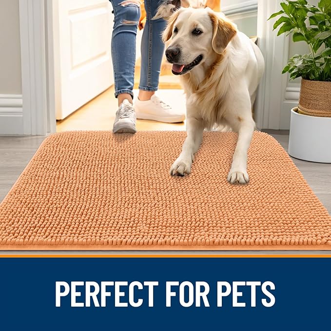 OLANLY Dog Door Mat for Muddy Paws 70x32, Absorbs Moisture and Dirt, Absorbent Non-Slip Washable Doormat, Quick Dry Chenille Mud Mat for Dogs, Entry Indoor Entryway Carpet for Inside Floor, Orange