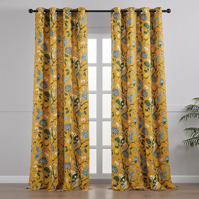 Extra Long 108 Inches Curtains for Large Window Luxury Mustard Yellow Floor To Ceiling Blackout Vintage Floral Hummingbird Fancy Grommet Drop Cloth Damask Drape for Living Room Dining 2 Pages 9FT