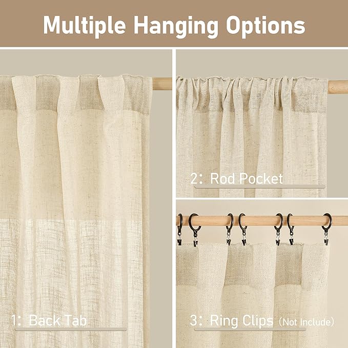 LAMIT Natural Linen Curtains 120 Inch for Living Room, Back Tab and Rod Pocket Linen Textured Sheer Curtains Light Filtering Drapes for Farmhouse/Bedroom, 2 Panels, 52 x 120 Inch, Beige