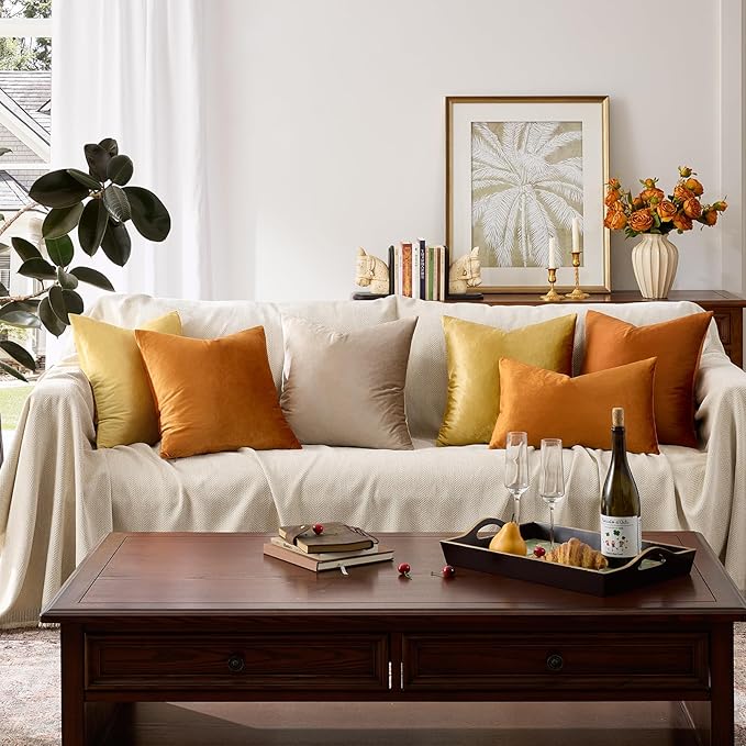GIGIZAZA Decorative Throw Pillow Covers for Sofa,Cinnamon Orange 18x18 Velvet Bed 2 Pack Soft Cushion Cover