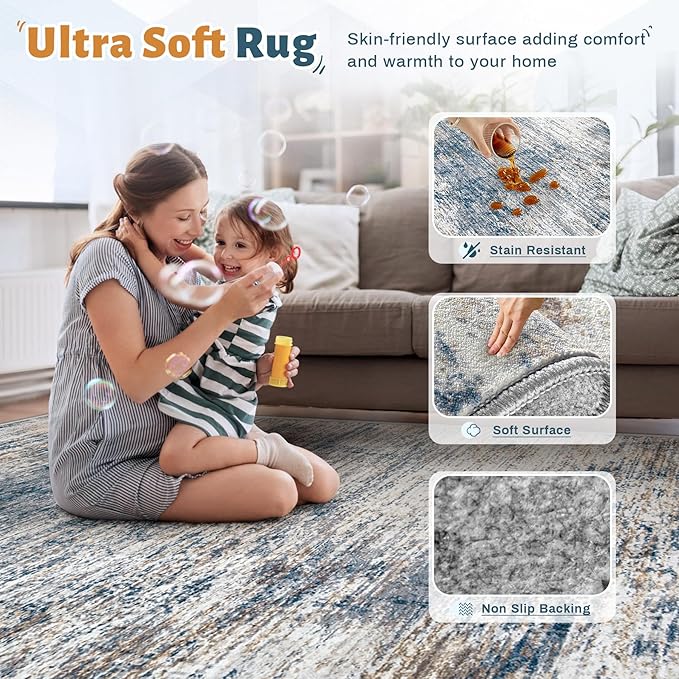 XLUEZ 2x8 Runner Rug for Hallway, Washable Modern Abstract Runner Rugs Neutral Soft Non Slip Kids Rug Stain Resistant Indoor Runners for Entryway Bedroom Kitchen Laundry Room(BlueWhite, 2'x8')