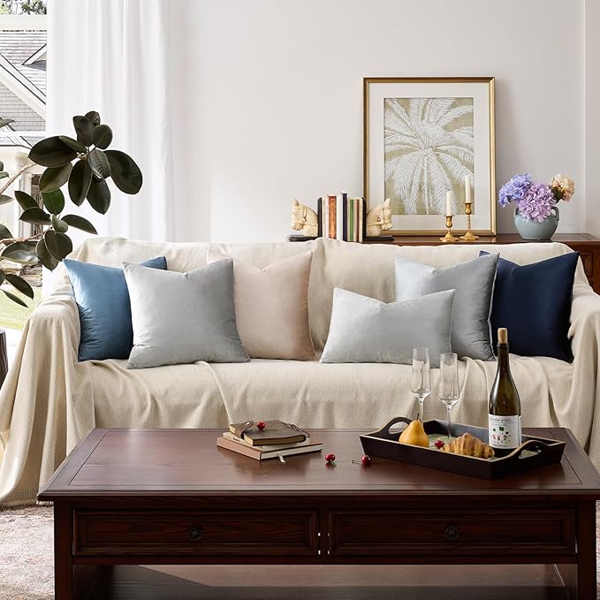Silver Grey Velvet Decorative Throw Pillow Covers for Sofa Bed 2 Pack Soft Cushion Cover