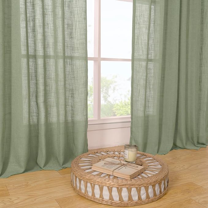 LAMIT Sheer Linen Curtains for Living Room, Back Tab and Rod Pocket Sage Green Curtains Light Filtering Country Rustic Neutral Drapes for Bedroom/Farmhouse, 2 Panels, 52 x 102 Inch