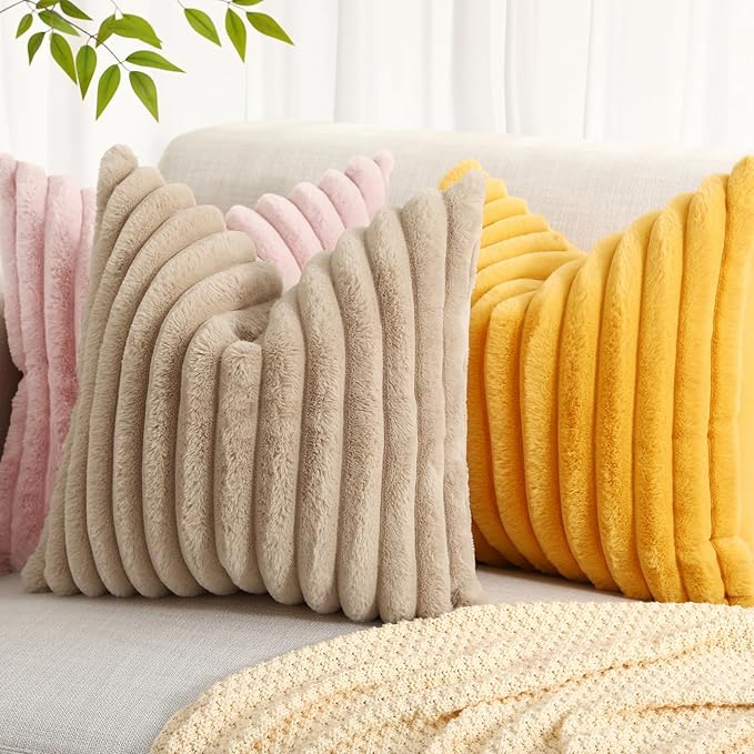 decorUhome Summer Cozy Faux Fur Throw Pillow Covers 16x16 Set of 2 Decorative Soft Plush Striped Modern Farmhouse Boho Couch Pillow Cases with Velvet Back for Sofa Bed Living Room, Pink