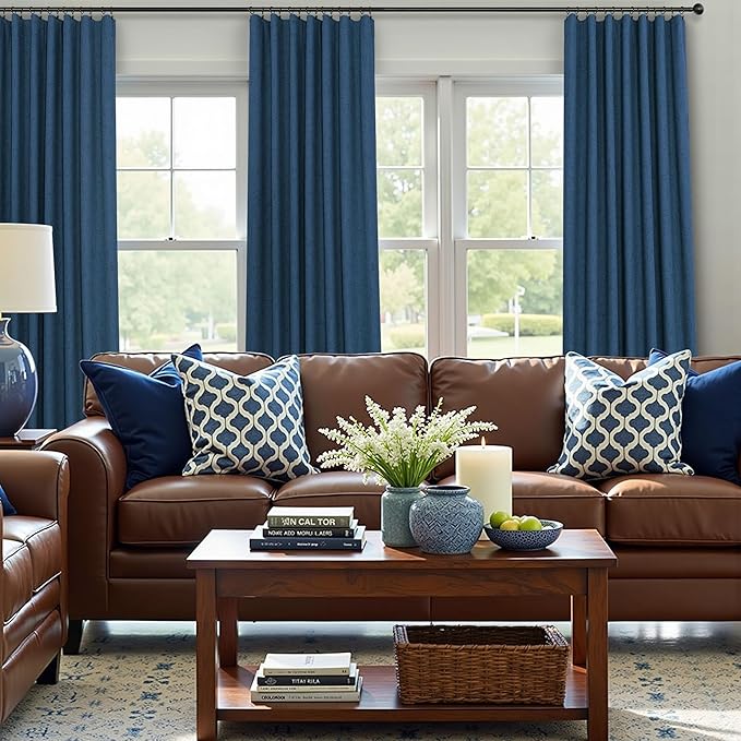 Navy Blue Black Out Curtains 96 Inches Long 2 Panels Linen Textured Blackout Window Treatment Drapes Living Room Darkening Thermal Patio Sliding Glass Door Curtains for Bedroom Dark Indigo 96 Length