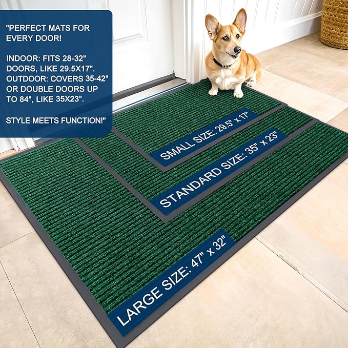 OLANLY Front Door Mat Indoor Outdoor Entrance, Waterproof Heavy Duty Doormat, Fade Resistant, Low Profile, Easy Clean Patio Porch Welcome Floor Mats for Entry, 47x30, Green