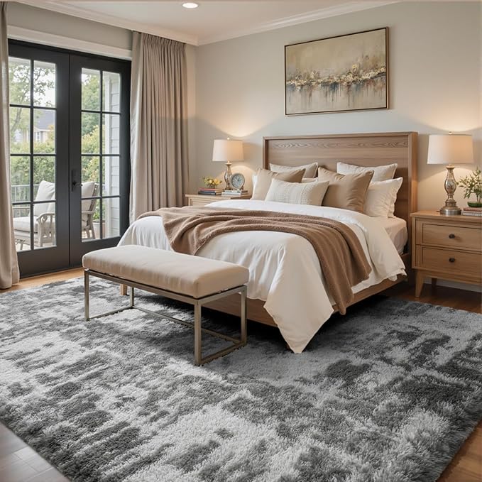 5x7 Ft Large Shag Rugs for Bedroom Living Room, Tie Dyed Ultra Soft Fluffy Furry Area Rug for Indoor Floor, Aesthetic Carpet for Home Decor (Grey)