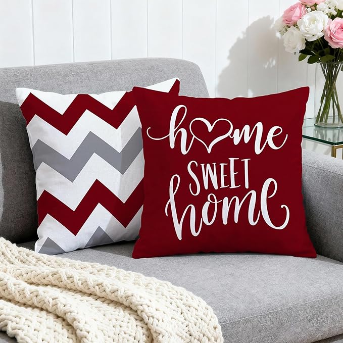Hexagram Geometric Burgundy Pillow Covers 16x16 Set of 4, Decorative Outdoor Boho Modern Throw Pillow Covers, Home Sweet Home Farmhouse Cushion Case for Couch Sofa Bedroom Indoor Decor(No Insert)