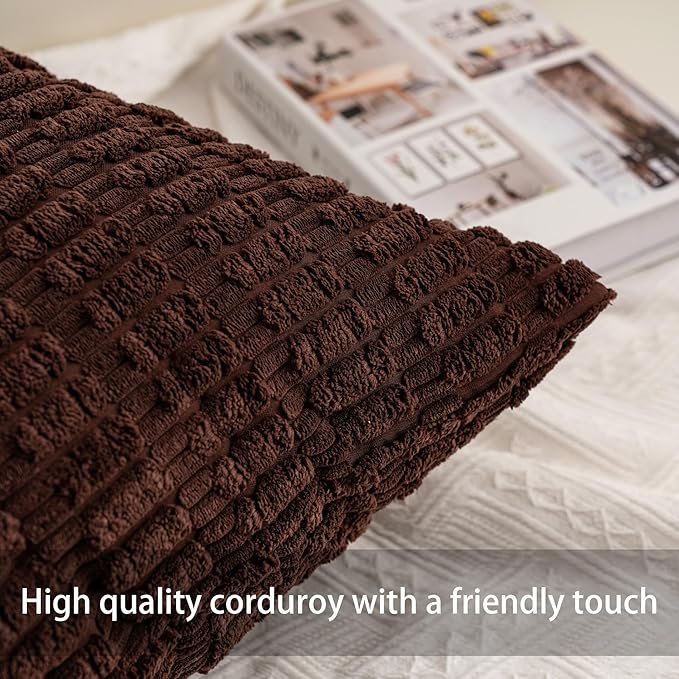 Pack of 2 Corduroy Decorative Throw Pillow Covers 12x20 InchSoft Boho Striped Pillow Covers Modern Farmhouse Home Decor for Sofa Living Room Couch Bed（Dark Brown）