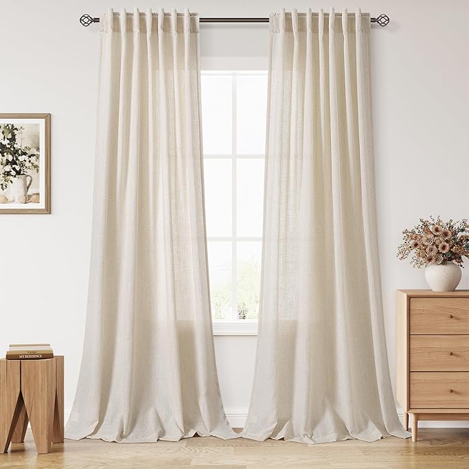 Cream Beige Linen Curtains for Living Room 105 Inches Long Light Filtering Semi Sheer Curtain Back Tab Modern Farmhouse Decor Elegant Luxury Coastal Drapes for Bedroom Dinner Room 52x105, 2 Panels