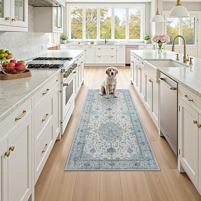 RELEANY Area Rugs 2'x4' Kitchen Rugs Entry Rug Small Rugs for Entryway Kitchen Bathroom Door Mat Indoor Entrance,Washable Non Slip, Light Blue Navy Beige Gray White
