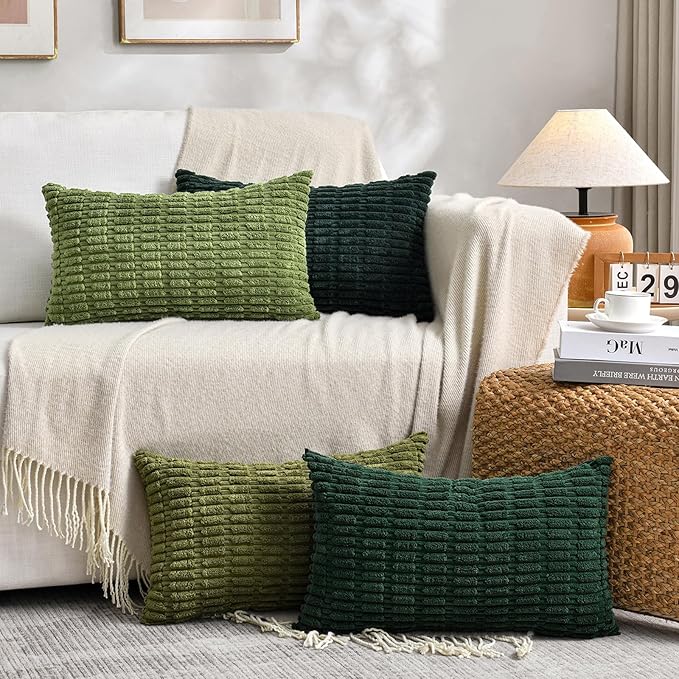 Fancy Homi Set of 4 Green Lumbar Rectangle Decorative Throw Pillow Covers 12x20 Inch for Couch Bed Chair, Aesthetic Boho Room Decor, Soft Fuzzy Thick Corduroy Textured Cushion Case 30x50cm