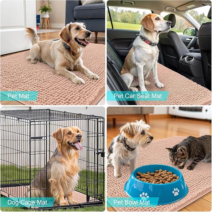 OLANLY Dog Door Mat for Muddy Paws 50x30, Absorbs Moisture and Dirt, Absorbent Non-Slip Washable Doormat, Quick Dry Chenille Mud Mat for Dogs, Entry Indoor Entryway Carpet for Inside Floor, Peach