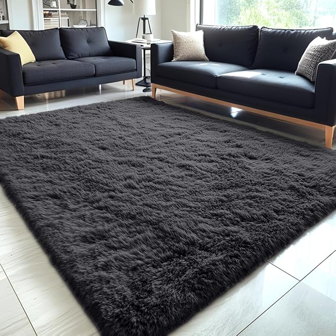 OLANLY 5x12 Machine Washable Large Area Rugs for Living Room, Bedroom, Soft Fluffy Shaggy Bedside Rug, Indoor Floor Carpet for Kids Girls and Boys, Dorms, Nursery, Home Decor Aesthetic, Black
