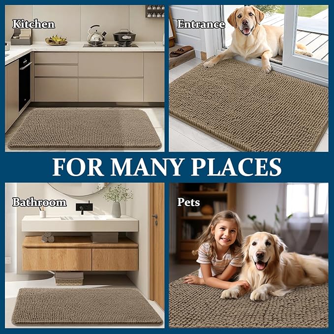 OLANLY Dog Door Mat for Muddy Paws 70x46, Absorbs Moisture and Dirt, Absorbent Non-Slip Washable Doormat, Quick Dry Chenille Mud Mat for Dogs, Entry Indoor Entryway Carpet for Inside Floor, Tan