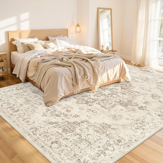 8x10 Area Rugs for Living Room: Vintage Boho Neutral Washable Rug Indoor Soft Large Area Rug Carpet for Bedroom Nursery Farmhouse Dining Room Office Floor Non-Slip Low Pile Under Table Rug Beige/Ivory