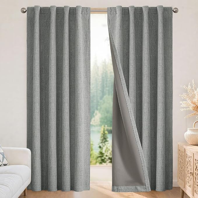 Joydeco Blackout Curtains for Bedroom - 100% Light Blocking 2 Panels Light Grey Drapes 42" W x 84" L, Thermal Insulated Room Darkening Curtains, Linen Textured for Living Room, Rod Pocket & Back Tabs