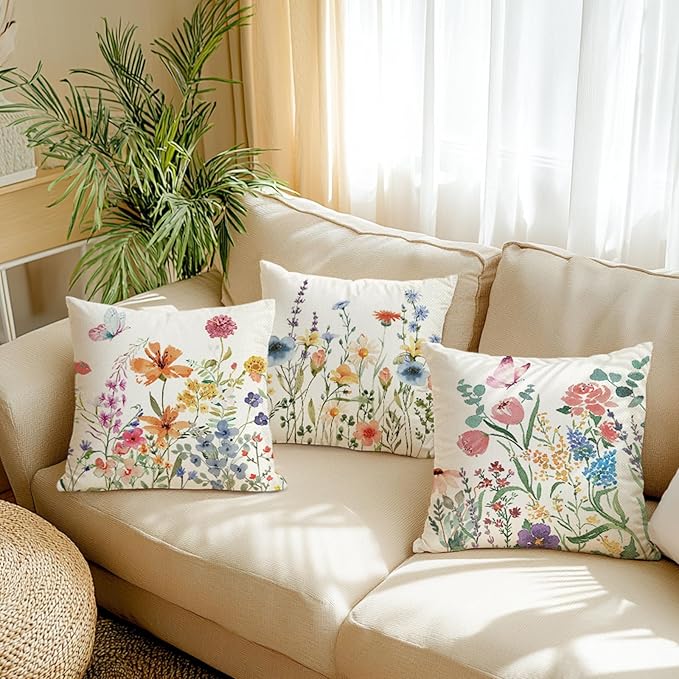 ONFAON Spring Pillow Covers 16x16 Inch Set of 4,Seasonal Floral Outdoor Decorative Square Linen Farmhouse Decor Cushion Covers for Home Sofa Bed Couch
