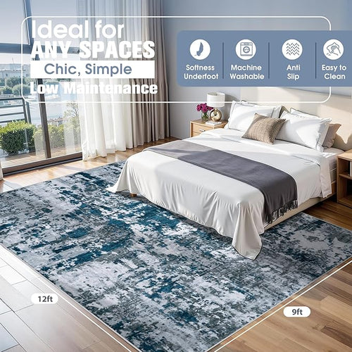 9x12 Area Rugs for Living Room Rug Washable: Abstract Large Rug for Dining Room Bedroom Carpet Non Slip 9 by 12 Indoor Modern Nursery Home Office Navy Grey