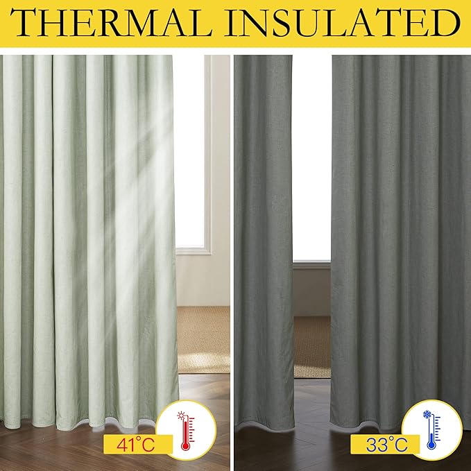 NICETOWN Sage Green Linen Blackout Curtains for Night Shift, Great Job, Set of 2, 34" by 60", Short Kitchen Burlap Linen 100% Blackout Drape Panels with Bronze Grommets for Blocking Light