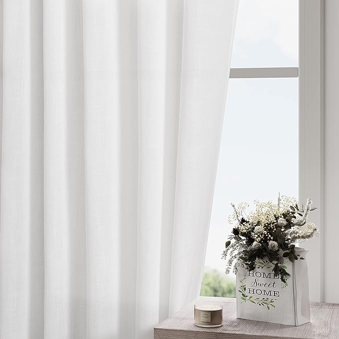 White Linen Curtains 126 Inches Long 2 Panels Set for Living Room Extra Long Back Tab Curtain Neutral Farmhouse Light Filtering Semi Sheer Linen Drapes Ceiling to Floor for Large Window 52x126