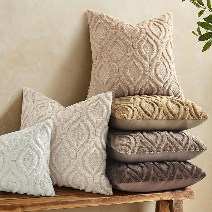 decorUhome Throw Pillow Covers 22x22 Inch Set of 2, Soft Plush Faux Wool Light Khaki Solid Couch Pillow Covers, Accent Euro Sham Farmhouse Neutral Square Pillow Cases for Sofa Bed Living Room