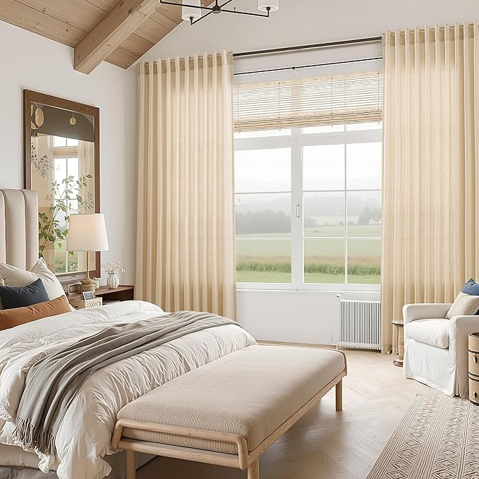 Nanspring Tan Linen Curtains 84 Inches Long for Bedroom Back Tab Light Filtering Privacy Semi Sheer Curtain Modern Farmhouse Decor Cotton Textured Drapes for Living Room 2 Panels 52x84