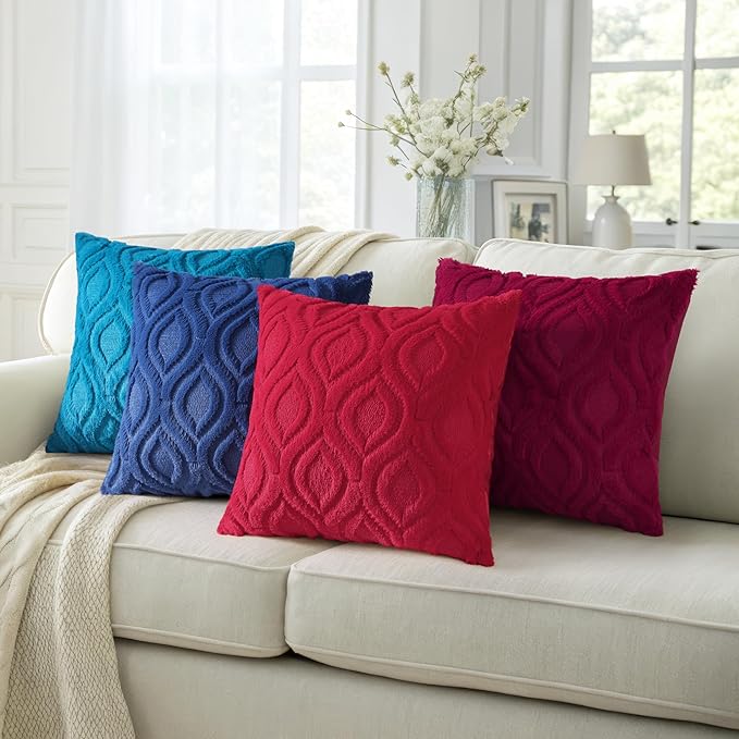 decorUhome Summer Throw Pillow Covers 20x20 Inch Set of 2, Soft Plush Faux Wool Navy Blue Solid Couch Pillow Covers, Accent Farmhouse Neutral Square Pillow Cases for Sofa Bed Living Room