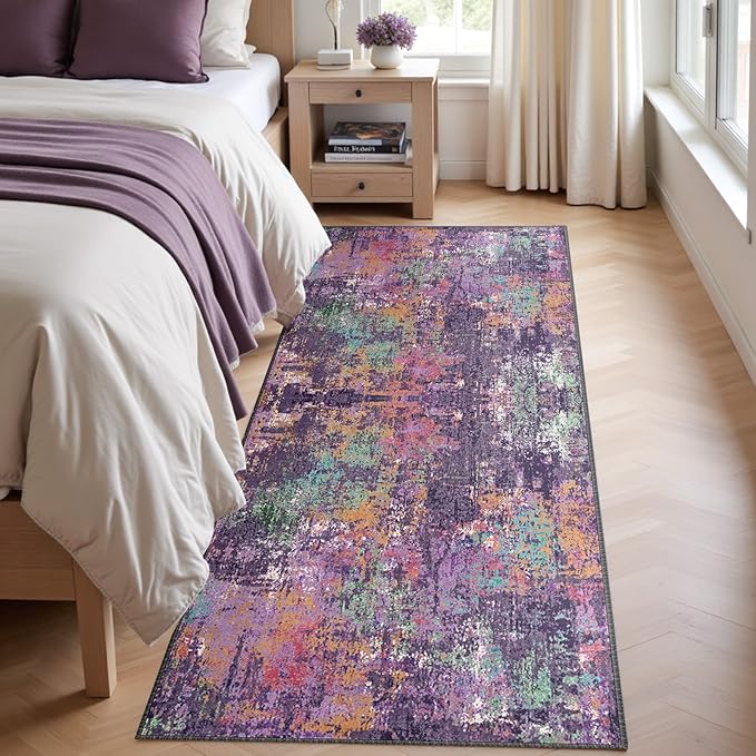 Washable Area Rugs 2'x10' Non-Slip Modern Abstract Soft for Living Room Entryway Bedroom Nursery, Print Pattern, Purple Orange Blue Green Rust Red Colorful