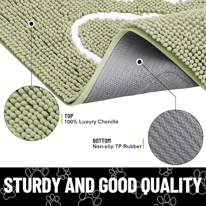 Smiry Dog Door Mat for Muddy Paws, Absorbent Dirt Trapper Non Slip Quick Dry Washable Chenille Mat for Mud Dogs, Entry Rug for Indoor and Outdoor (59x35 Inches, Sage Green and White)