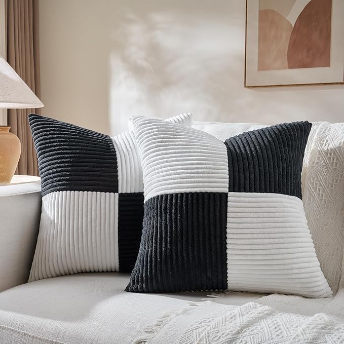 Fancy Homi Set of 2 Black White Euro Decorative Throw Pillow Covers 28x28 Inch for Bedroom Couch Bed, Farmhouse Boho Home Decor, Soft Cross Corduroy Patchwork Textured Square Cushion Case 71x71 cm