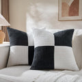 Fancy Homi Set of 2 Black White Decorative Throw Pillow Covers 18x18 Inch with for Couch Bed Sofa Living Room, Soft Cross Patchwork Striped Corduroy Modern Square Cushion Case 45x45 cm