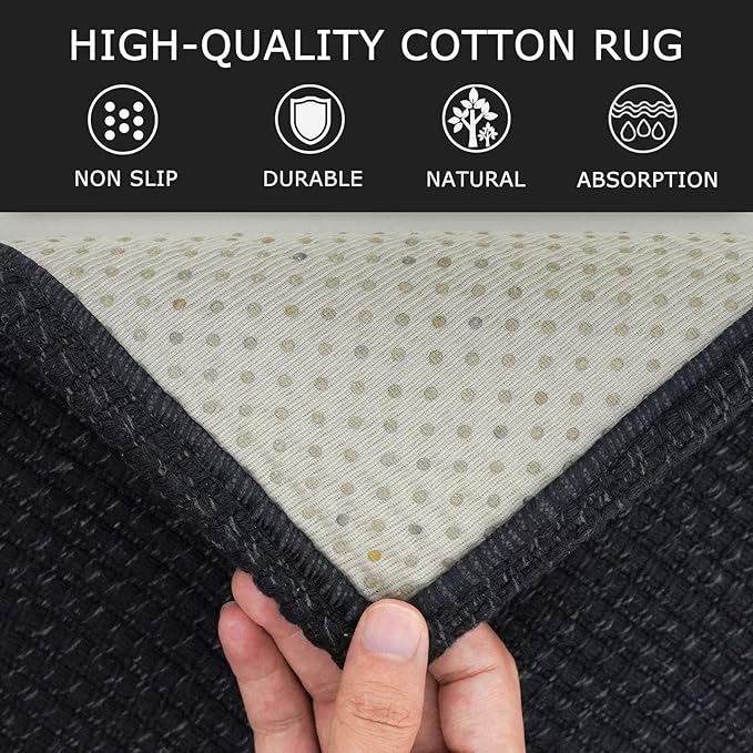 KOZYFLY Long Runners for Hallways 2x12 ft Washable Kitchen Runner Non Slip Rubber Backed Hallway Rugs Cotton Entryway Runner Rug Floor Carpet for Indoor Hall, Backdoor, Kitchen, Black/Dark Grey