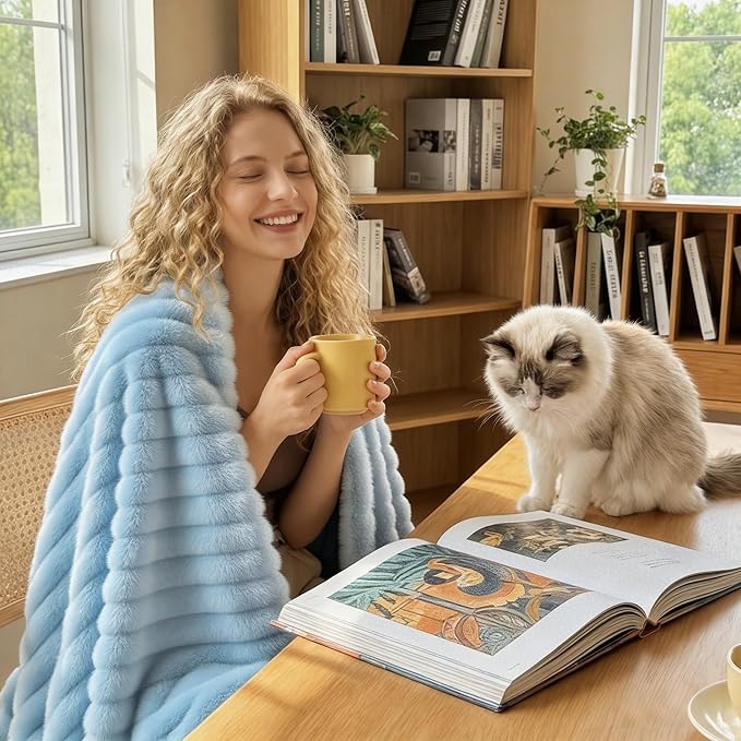 HIMEET Light Blue Ribbed Twin Blanket for Bed - 300GSM Lightweight Fleece Blanket for Men Women, Blankets Graduation Birthday Gifts, Striped Spring Home School Dorm Decor, Light Blue, 60x80 Inches