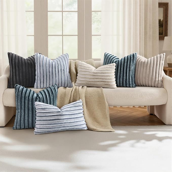 decorUhome Cozy Faux Fur Throw Pillow Covers 26x26 Set of 2 Decorative Soft Plush Striped Modern Farmhouse Boho Couch Euro Sham Pillow Cases with Velvet Back for Sofa Bed Living Room, Dark Grey