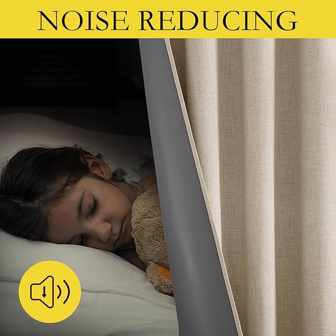NICETOWN Cream 100% Blackout Linen Curtains 108 inch Long Burg for Living Room, 1 Pair, 62" Width Each Panel, Farmhouse Thick Completely Blackout Window Treatment Thermal Insulated Drapes