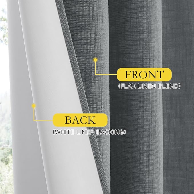 NICETOWN 100% Absolutely Blackout Linen Curtains with Thermal Insulated White Liner, Dove Grey, W62, 2 Pieces, Noise Reducing Textured Linen Look Curtains for Windows 120 inch Length for Classroom