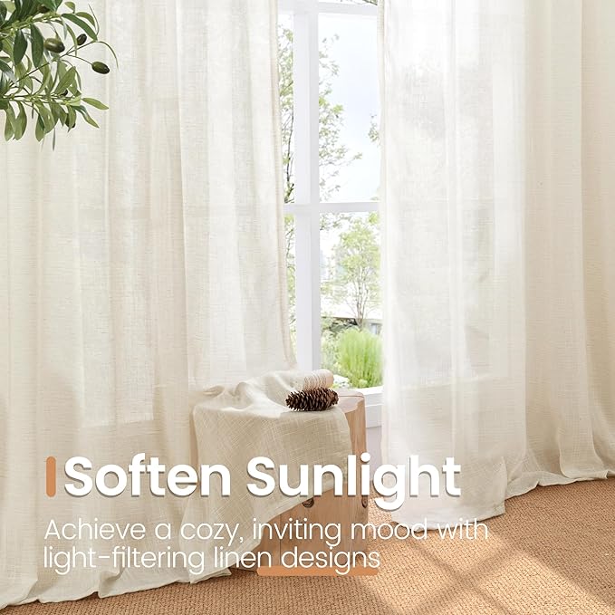 BGment 72 Inch Length Beige Linen Curtains for Living Room - Natural Semi Sheer Drapes with Rod Pocket Textured Rustic for Bedroom Country Light Filtering, 2 Panels, Each Panel 52 Inch Wide
