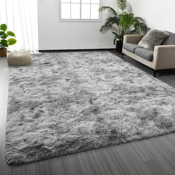 Large Shag Area Rugs 9 x 12, Tie-Dyed Plush Fuzzy Rugs for Living Room, Ultra Soft Fluffy Furry Rug for Bedroom, Indoor Carpet Nursery Rugs for Kids Room Home Decor, Light Grey