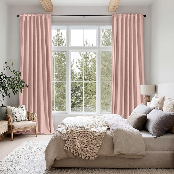 MIULEE 100% Blackout Linen Curtains for Bedroom, Blush Pink Solid Luxury Decor Thermal Insulation Room Darkening Drapes for Living Room Nursery Back Tab Rod Pocket 42 x 84 Inches, 2 Panels