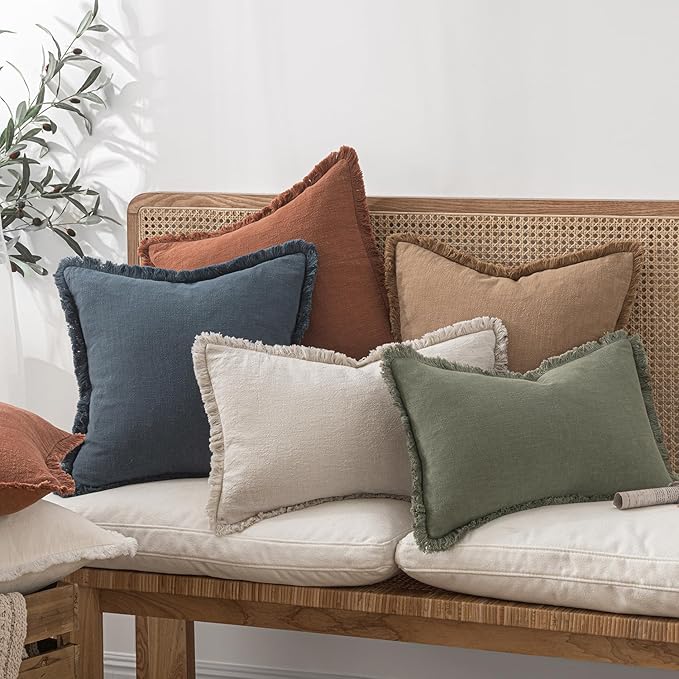 MIULEE Decorative Throw Pillow Covers Neutral Linen Fringe Throw Pillows Euro Shams Set of 2 Natural Beige Boho Farmhouse Cushion Covers for Couch Sofa Bed Living Room Spring Home Decor 22x22 Inch